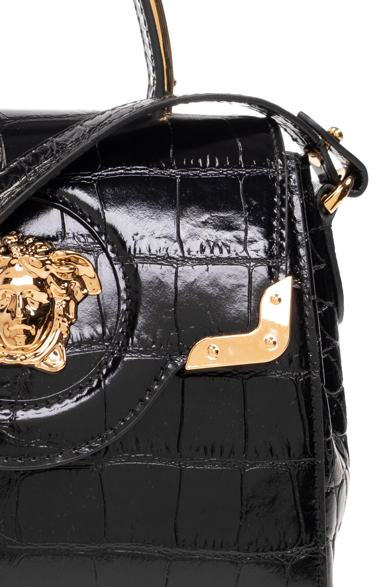 New Genuine Leather Gold Hardware medusa Black Handbag Bag W/ shops A Strap